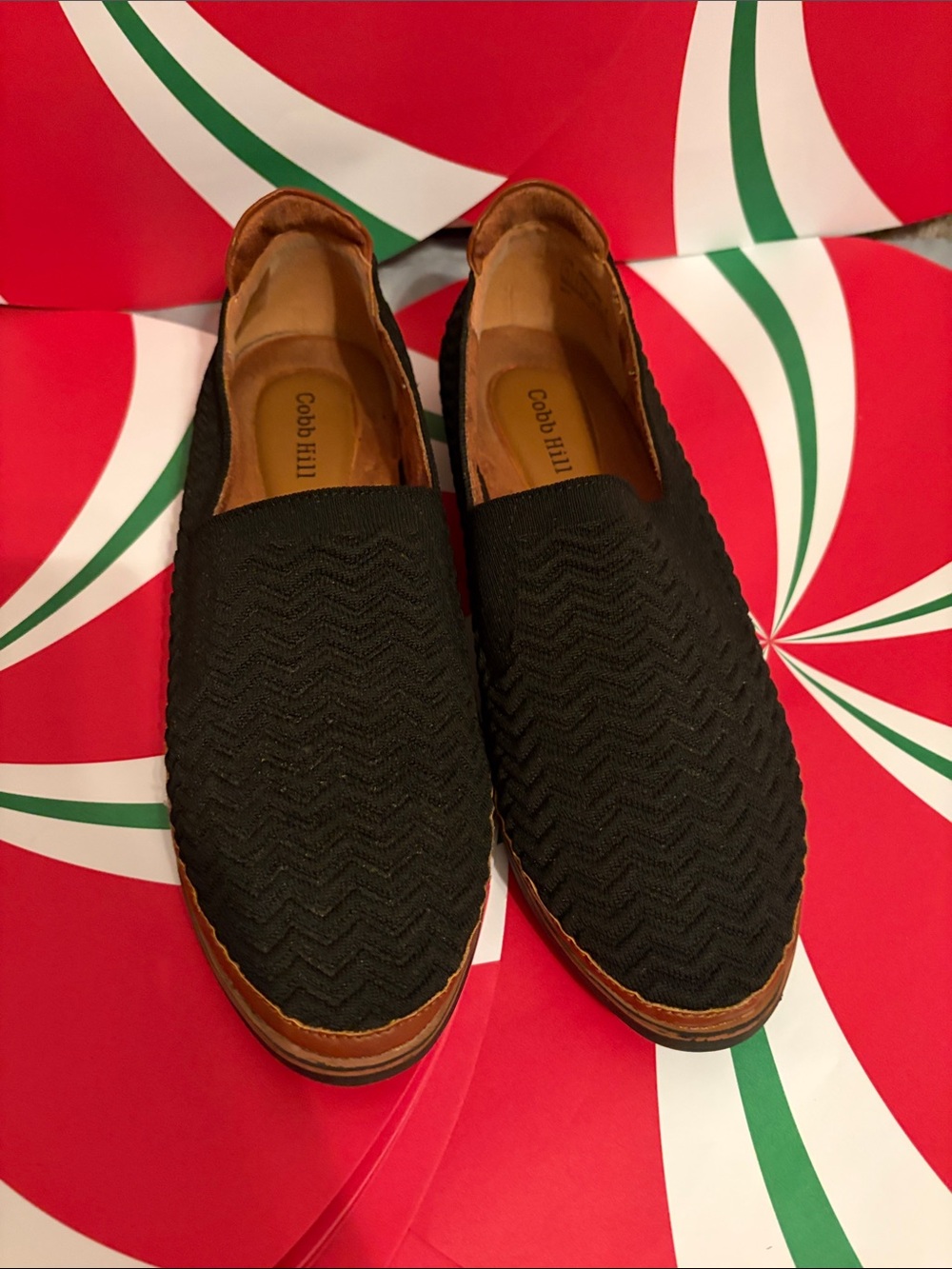 Cobb Hill by New Balance Black Slip-On Woven Loafers with Brown Trim